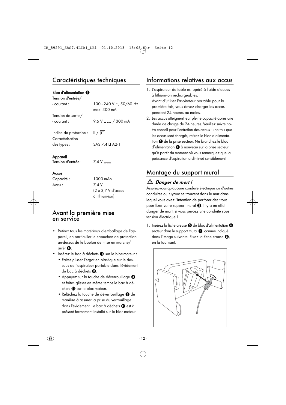 Caractéristiques techniques, Avant la première mise en service, Informations relatives aux accus | Montage du support mural, Danger de mort | Silvercrest SAS 7.4 LI A2 User Manual | Page 15 / 43