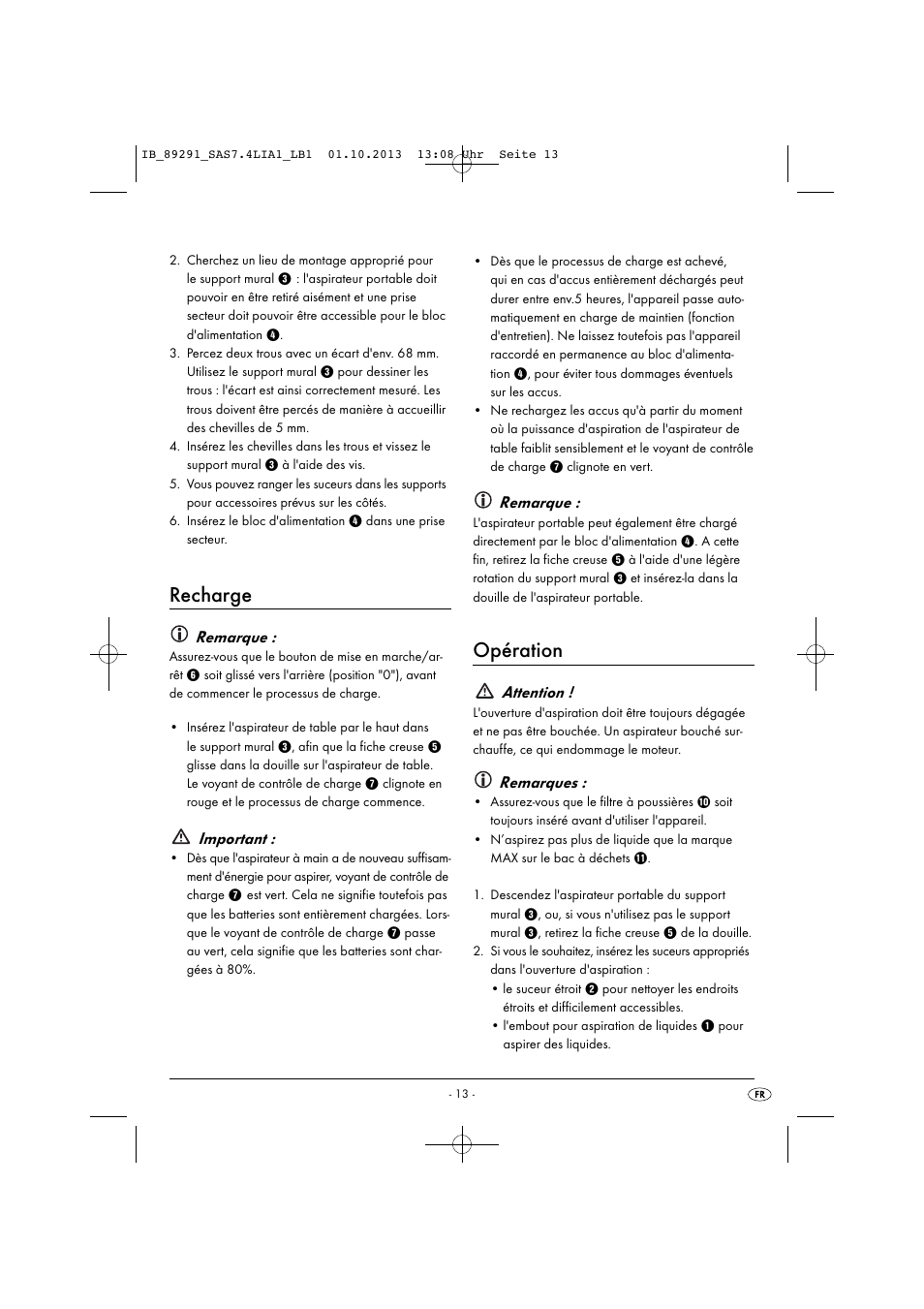 Recharge, Opération, Remarque | Important, Attention, Remarques | Silvercrest SAS 7.4 LI A2 User Manual | Page 16 / 43