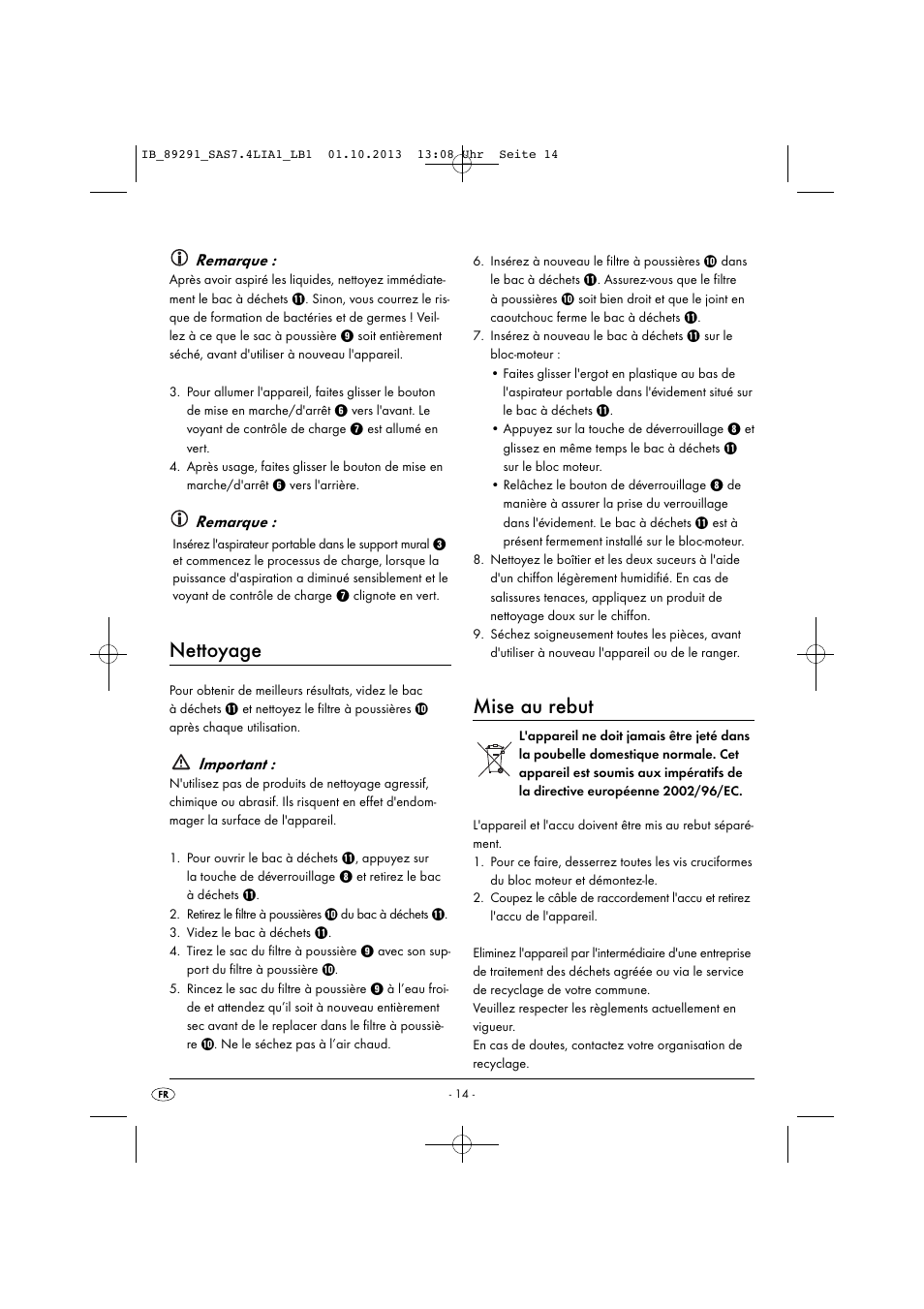 Nettoyage, Mise au rebut, Remarque | Important | Silvercrest SAS 7.4 LI A2 User Manual | Page 17 / 43