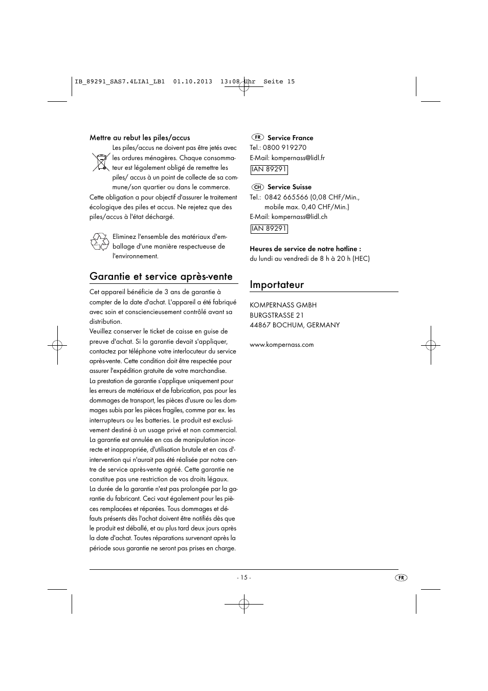 Garantie et service après-vente, Importateur | Silvercrest SAS 7.4 LI A2 User Manual | Page 18 / 43