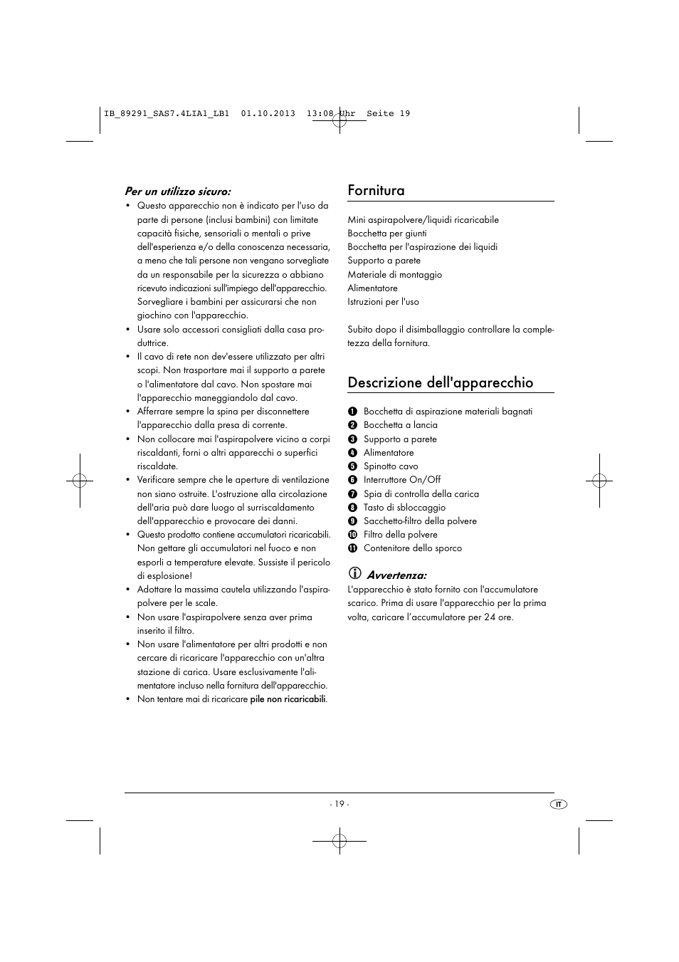 Fornitura, Descrizione dell'apparecchio, Per un utilizzo sicuro | Avvertenza | Silvercrest SAS 7.4 LI A2 User Manual | Page 22 / 43