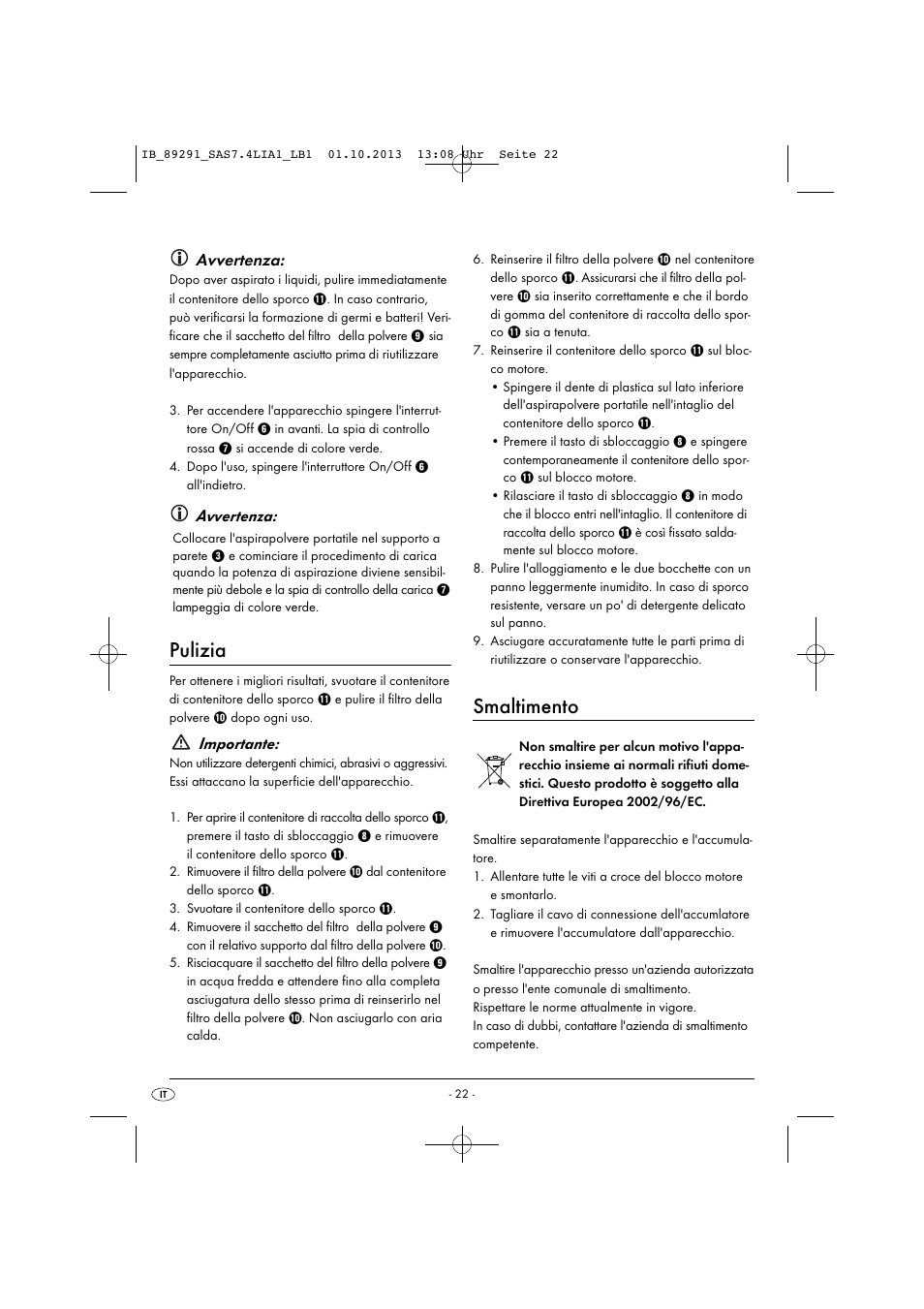 Pulizia, Smaltimento, Avvertenza | Importante | Silvercrest SAS 7.4 LI A2 User Manual | Page 25 / 43