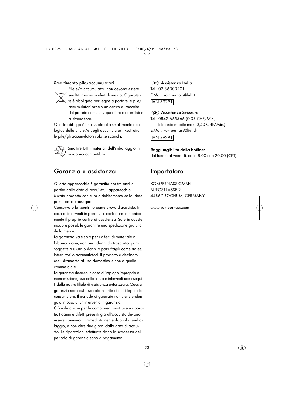 Garanzia e assistenza, Importatore | Silvercrest SAS 7.4 LI A2 User Manual | Page 26 / 43