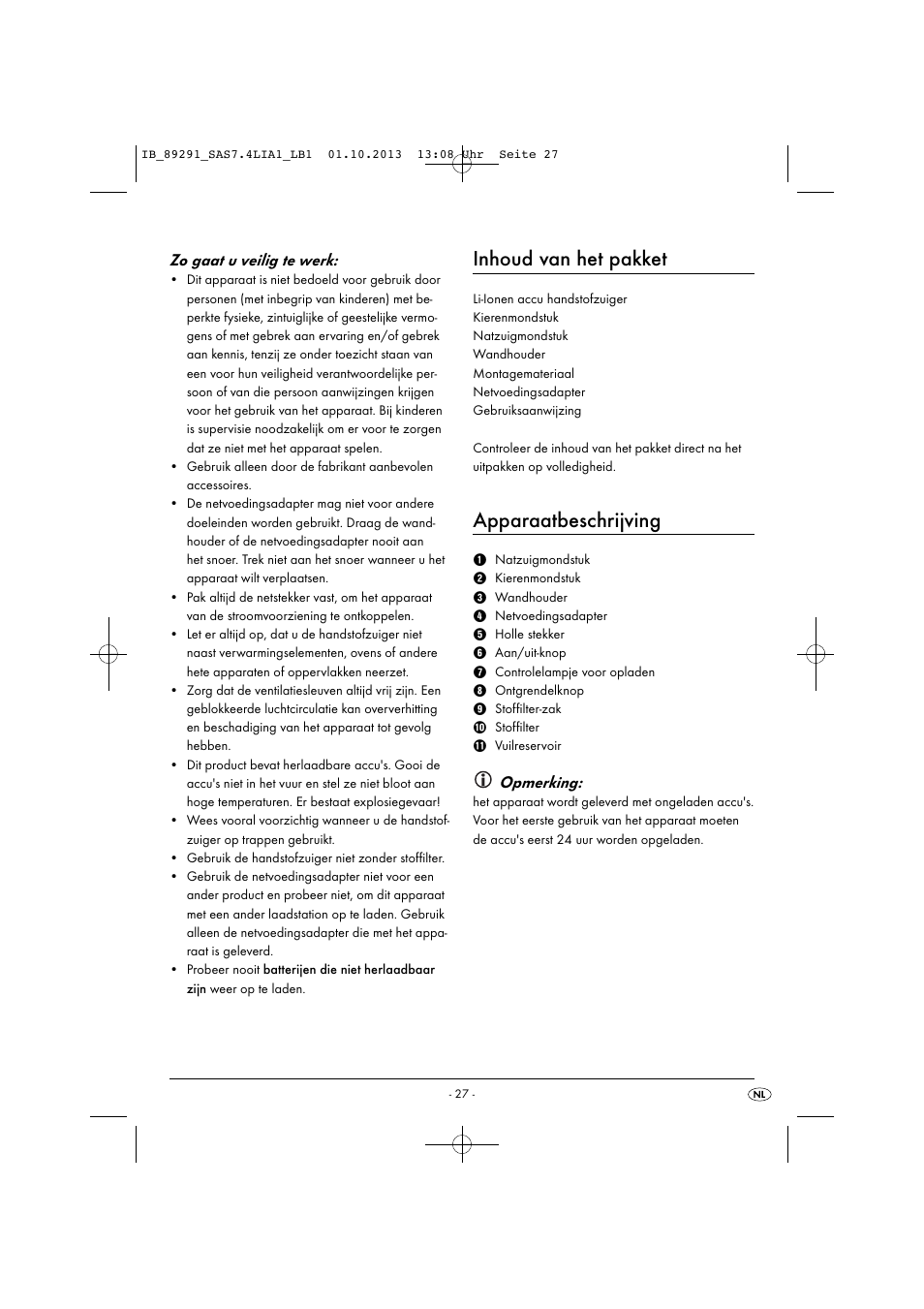 Inhoud van het pakket, Apparaatbeschrijving, Zo gaat u veilig te werk | Opmerking | Silvercrest SAS 7.4 LI A2 User Manual | Page 30 / 43