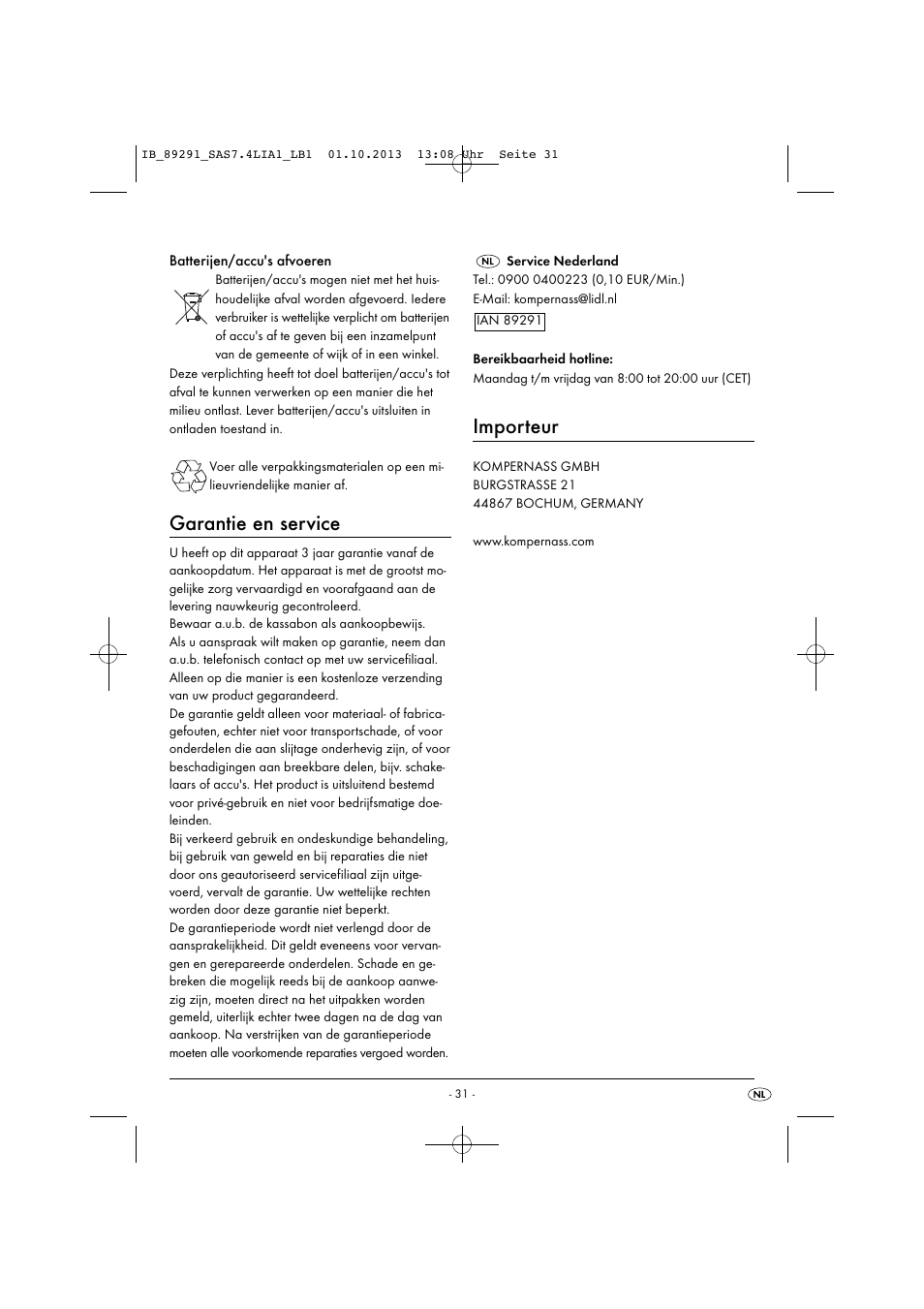 Garantie en service, Importeur | Silvercrest SAS 7.4 LI A2 User Manual | Page 34 / 43
