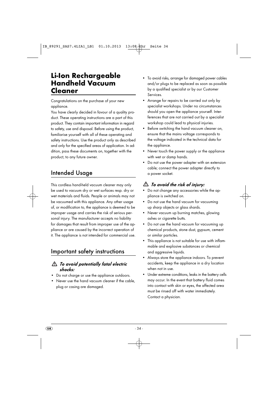 Li-ion rechargeable handheld vacuum cleaner, Intended usage, Important safety instructions | Silvercrest SAS 7.4 LI A2 User Manual | Page 37 / 43