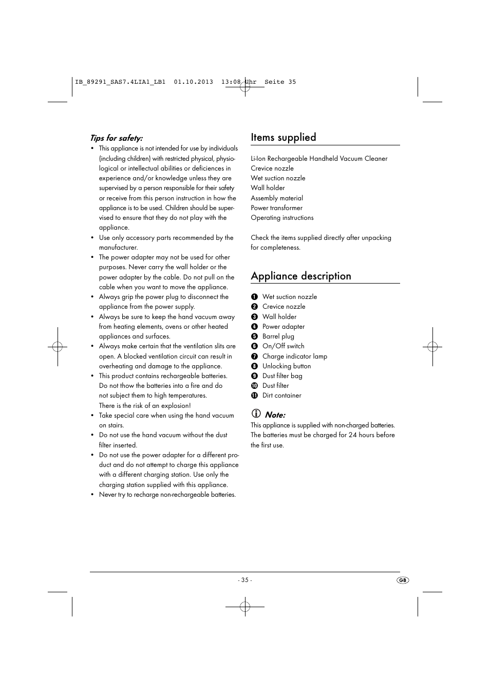 Items supplied, Appliance description, Tips for safety | Silvercrest SAS 7.4 LI A2 User Manual | Page 38 / 43