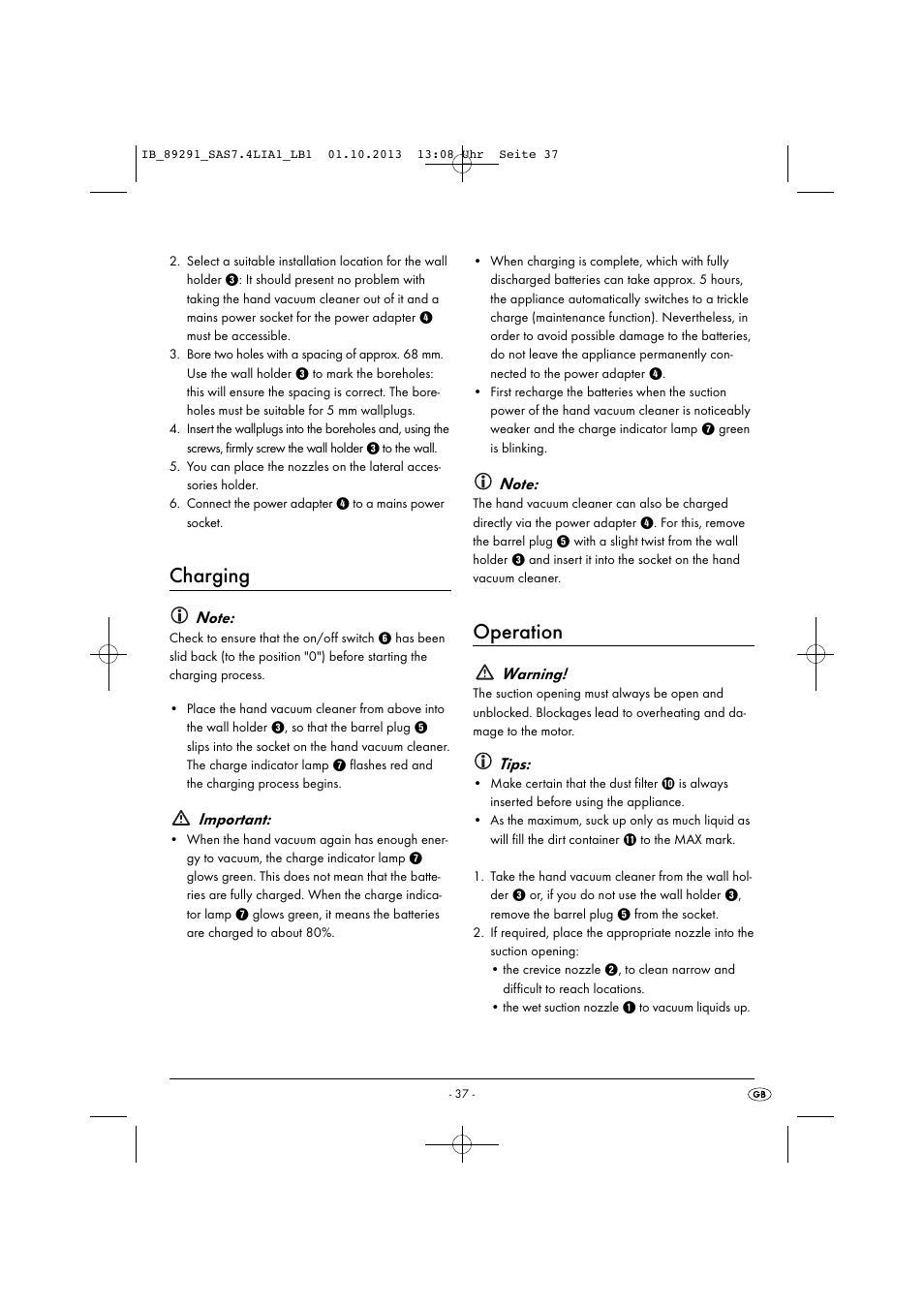 Charging, Operation, Important | Warning, Tips | Silvercrest SAS 7.4 LI A2 User Manual | Page 40 / 43