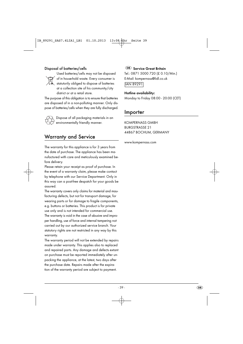 Warranty and service, Importer | Silvercrest SAS 7.4 LI A2 User Manual | Page 42 / 43