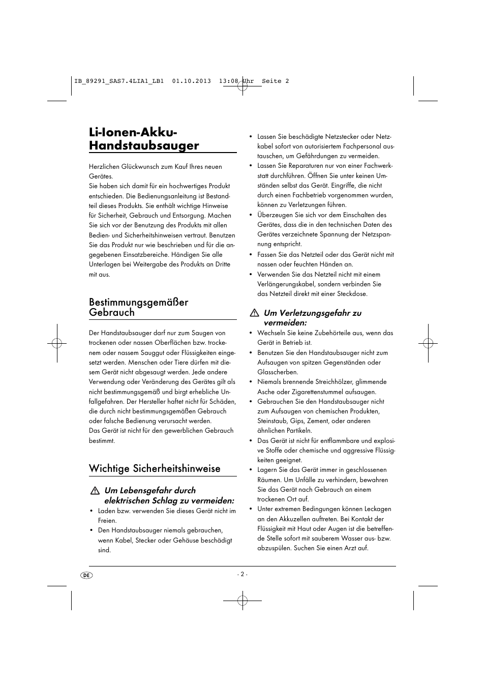 Li-ionen-akku- handstaubsauger, Bestimmungsgemäßer gebrauch, Wichtige sicherheitshinweise | Um verletzungsgefahr zu vermeiden | Silvercrest SAS 7.4 LI A2 User Manual | Page 5 / 43