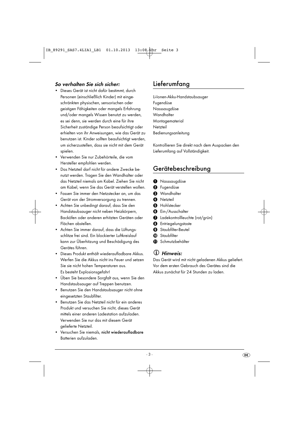 Lieferumfang, Gerätebeschreibung, So verhalten sie sich sicher | Hinweis | Silvercrest SAS 7.4 LI A2 User Manual | Page 6 / 43