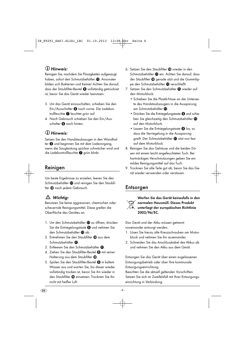 Reinigen, Entsorgen, Hinweis | Wichtig | Silvercrest SAS 7.4 LI A2 User Manual | Page 9 / 43