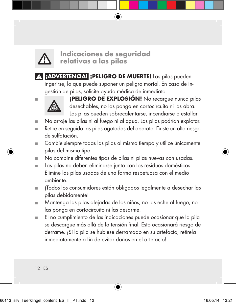 Indicaciones de seguridad relativas a las pilas | Silvercrest Z32155 User Manual | Page 12 / 76