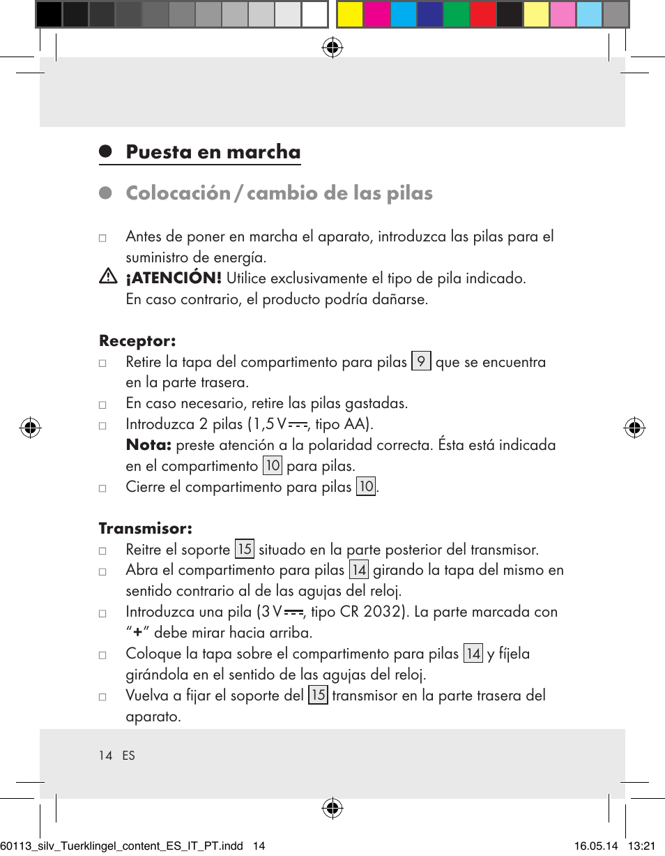 Puesta en marcha colocación / cambio de las pilas | Silvercrest Z32155 User Manual | Page 14 / 76