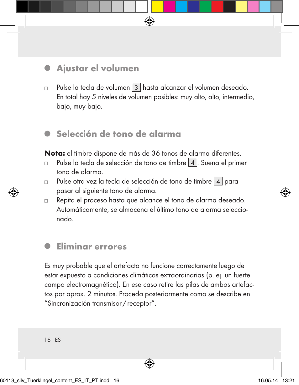 Ajustar el volumen, Selección de tono de alarma, Eliminar errores | Silvercrest Z32155 User Manual | Page 16 / 76