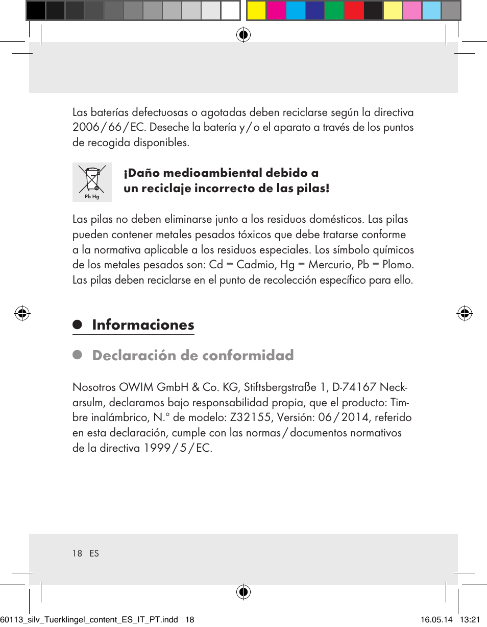 Informaciones, Declaración de conformidad | Silvercrest Z32155 User Manual | Page 18 / 76