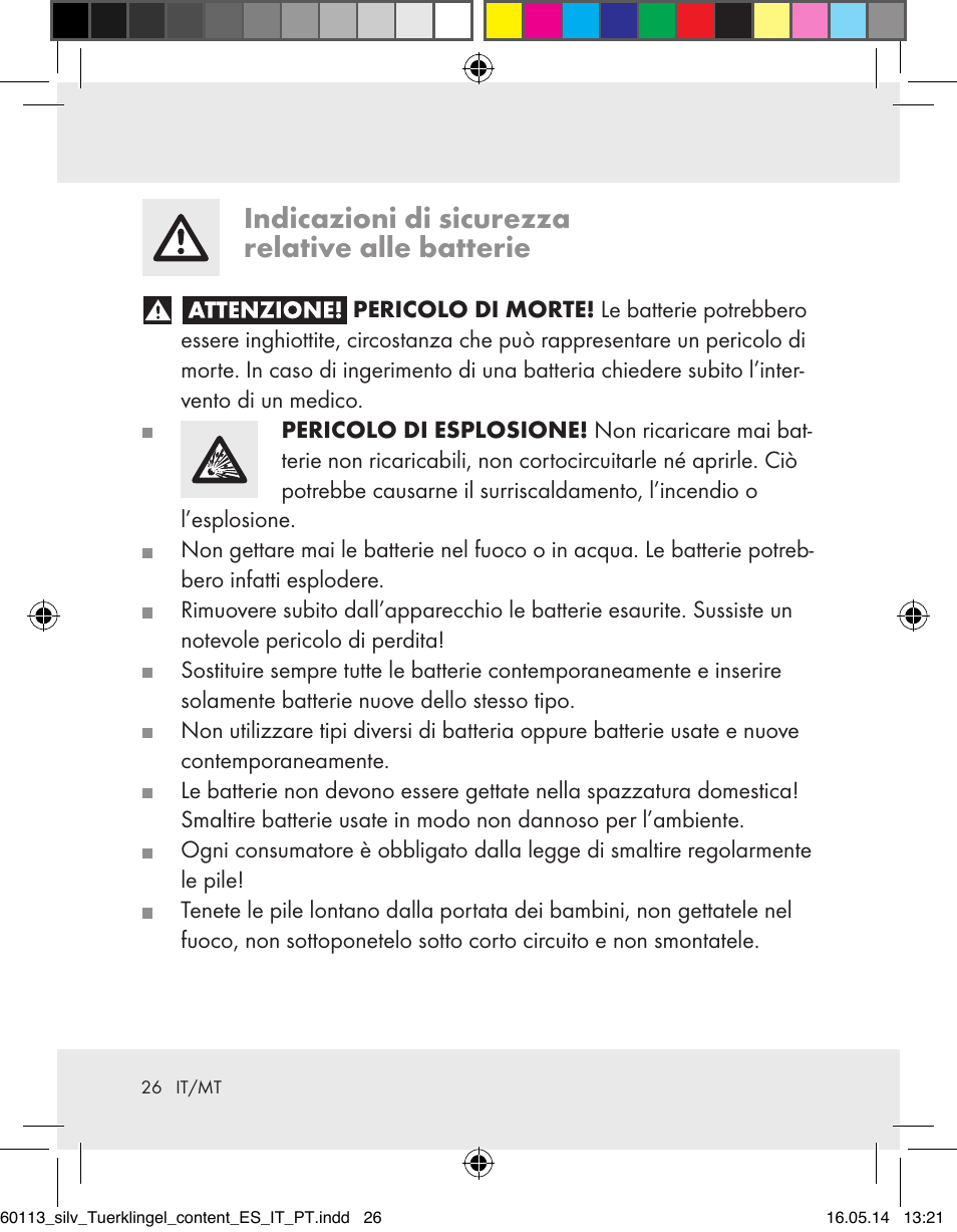 Indicazioni di sicurezza relative alle batterie | Silvercrest Z32155 User Manual | Page 26 / 76