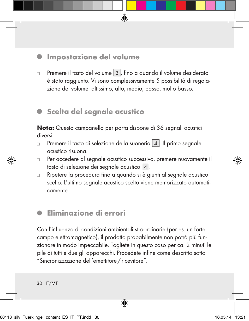 Impostazione del volume, Scelta del segnale acustico, Eliminazione di errori | Silvercrest Z32155 User Manual | Page 30 / 76