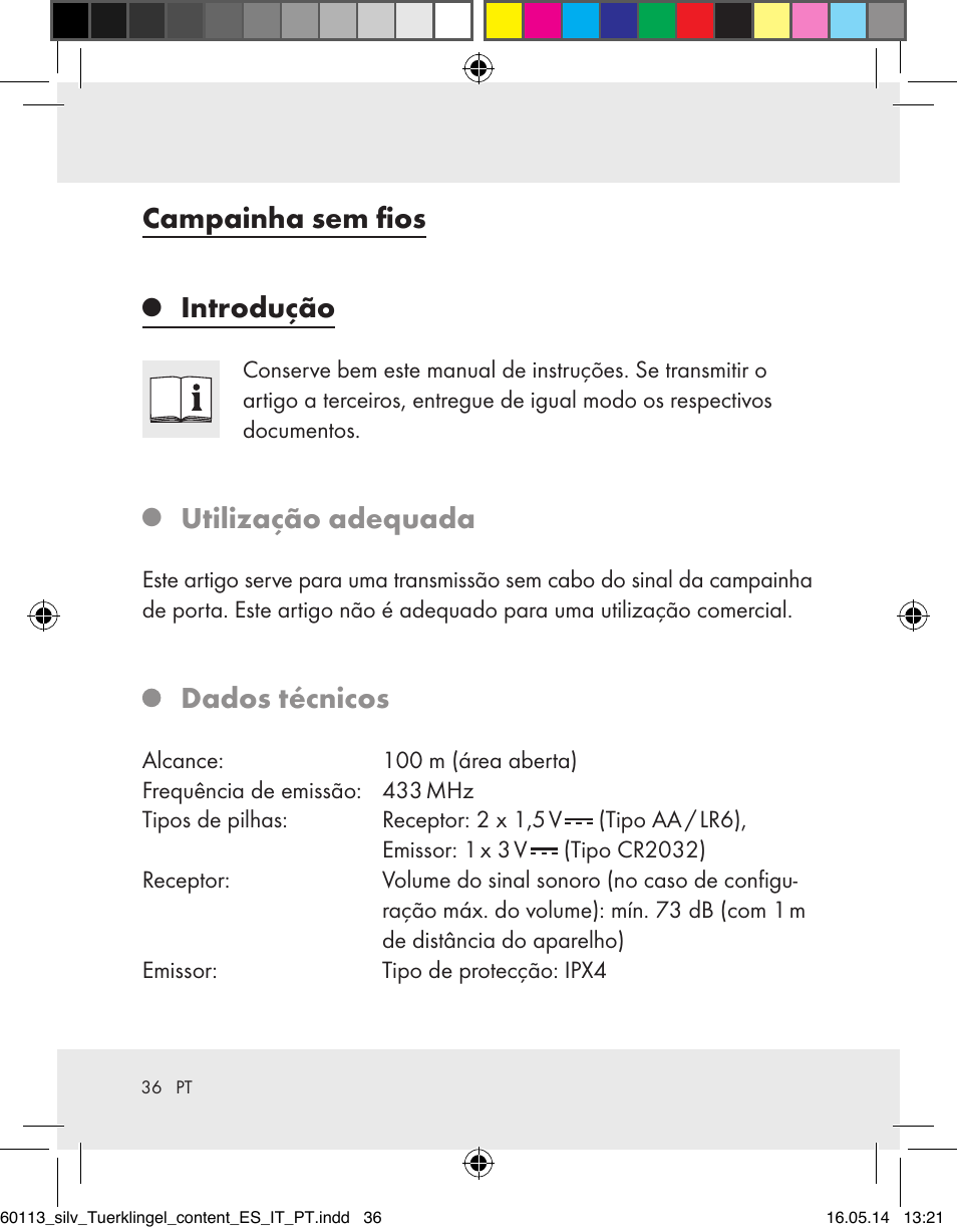 Campainha sem fios, Introdução, Utilização adequada | Dados técnicos | Silvercrest Z32155 User Manual | Page 36 / 76