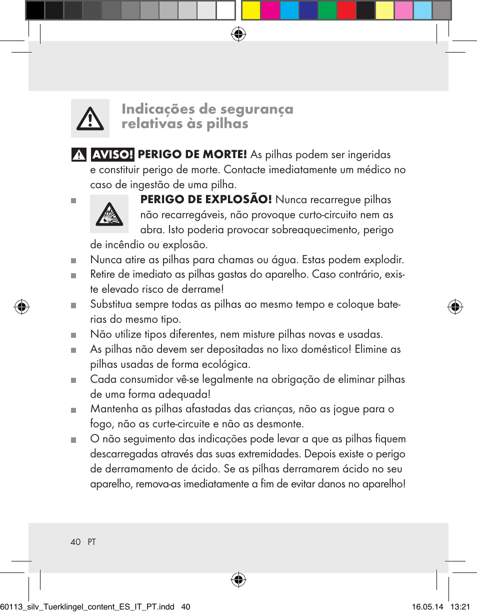 Indicações de segurança relativas às pilhas | Silvercrest Z32155 User Manual | Page 40 / 76