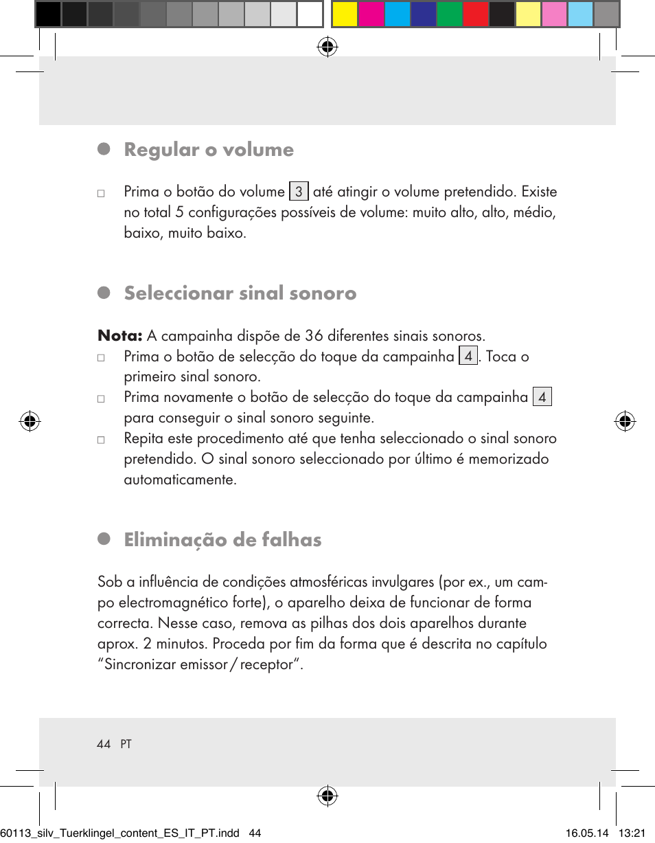 Regular o volume, Seleccionar sinal sonoro, Eliminação de falhas | Silvercrest Z32155 User Manual | Page 44 / 76