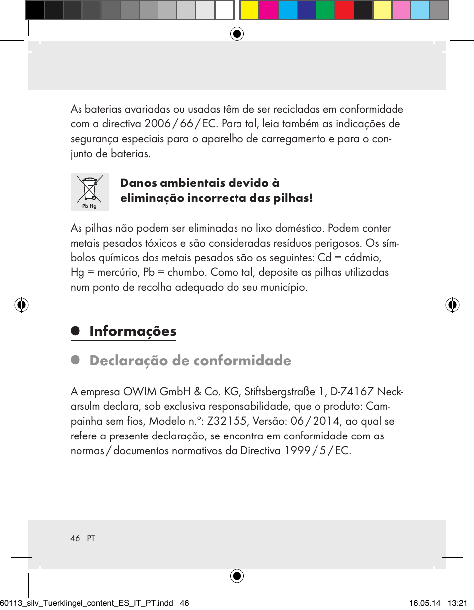 Informações, Declaração de conformidade | Silvercrest Z32155 User Manual | Page 46 / 76