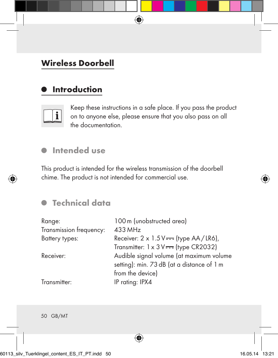 Wireless doorbell introduction, Intended use, Technical data | Silvercrest Z32155 User Manual | Page 50 / 76