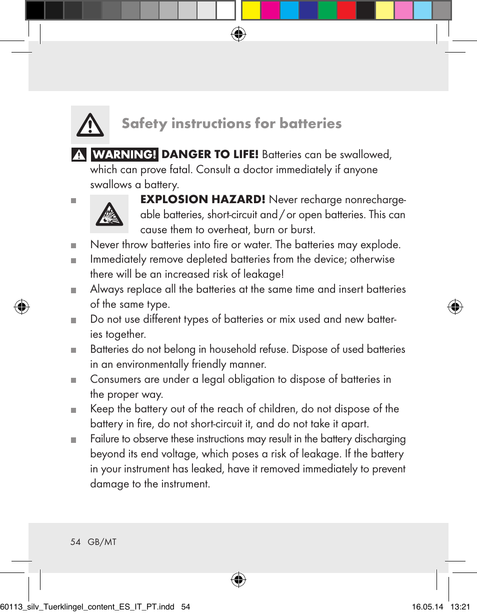 Safety instructions for batteries | Silvercrest Z32155 User Manual | Page 54 / 76