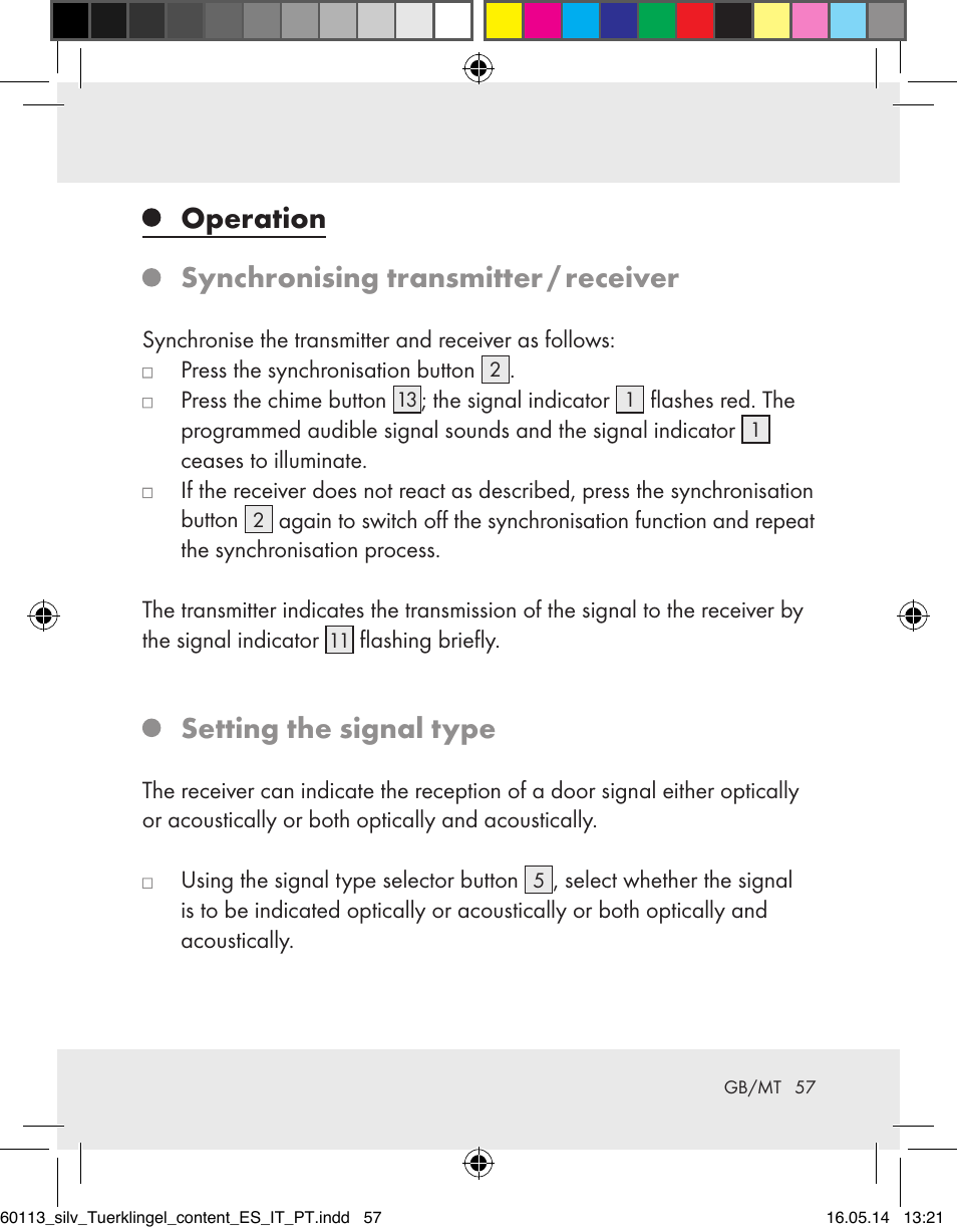 Operation synchronising transmitter / receiver, Setting the signal type | Silvercrest Z32155 User Manual | Page 57 / 76