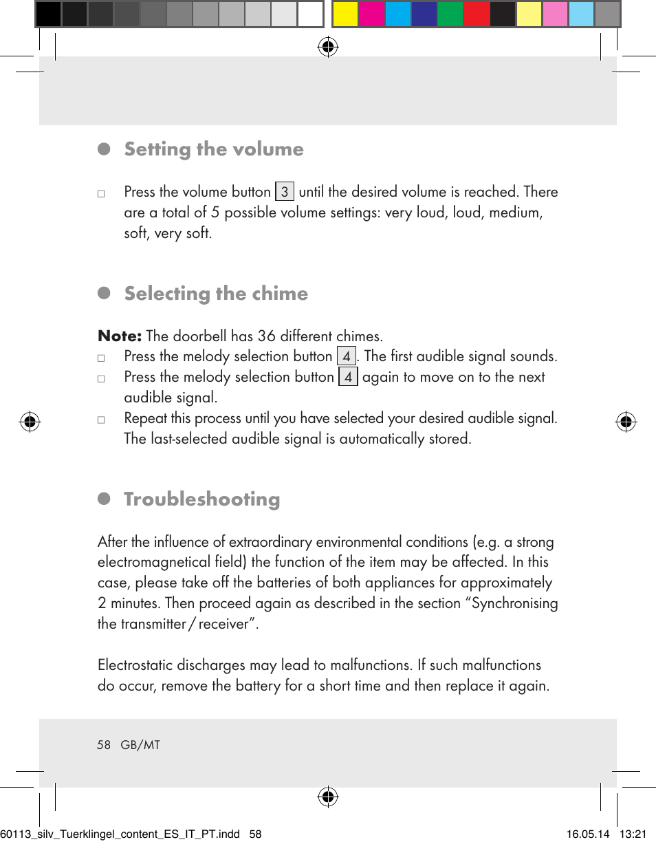 Setting the volume, Selecting the chime, Troubleshooting | Silvercrest Z32155 User Manual | Page 58 / 76