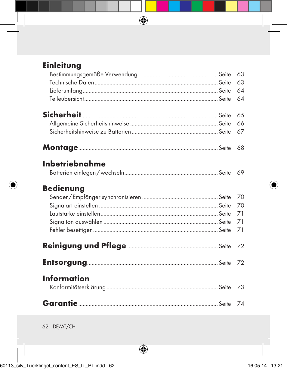 Einleitung, Sicherheit, Montage | Inbetriebnahme, Bedienung, Reinigung und pflege, Entsorgung, Information, Garantie | Silvercrest Z32155 User Manual | Page 62 / 76