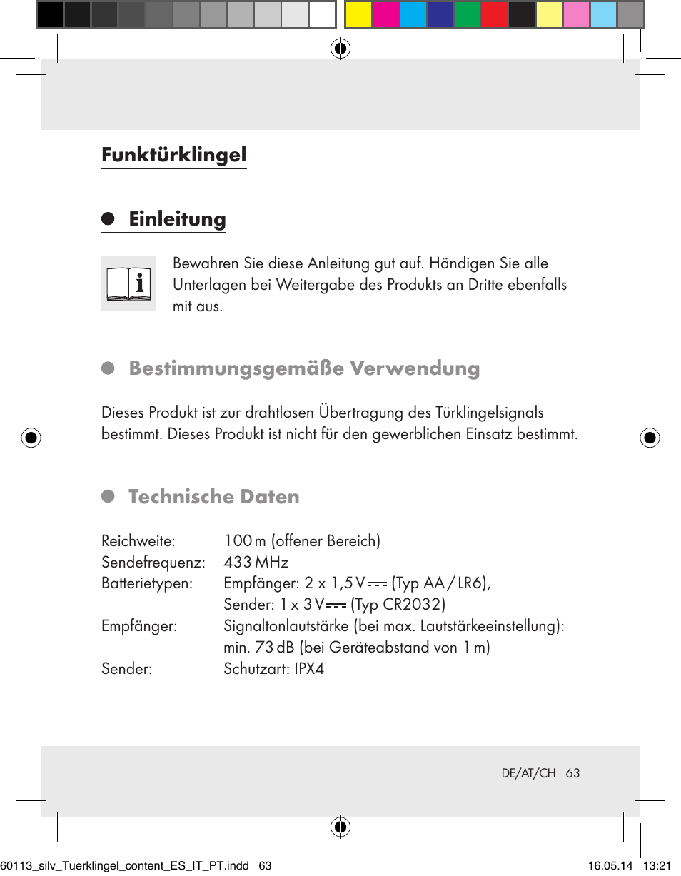 Funktürklingel einleitung, Bestimmungsgemäße verwendung, Technische daten | Silvercrest Z32155 User Manual | Page 63 / 76