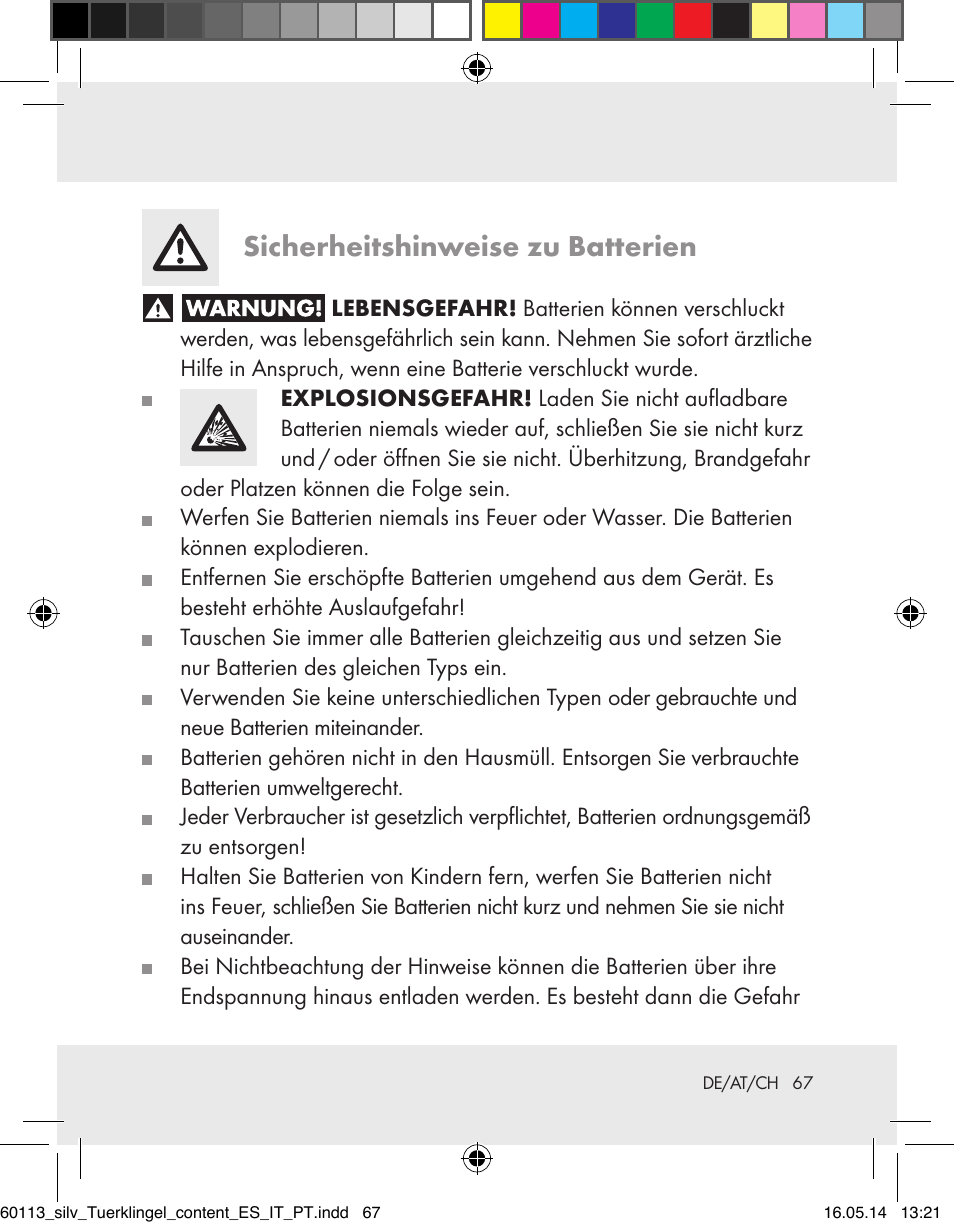 Sicherheitshinweise zu batterien | Silvercrest Z32155 User Manual | Page 67 / 76