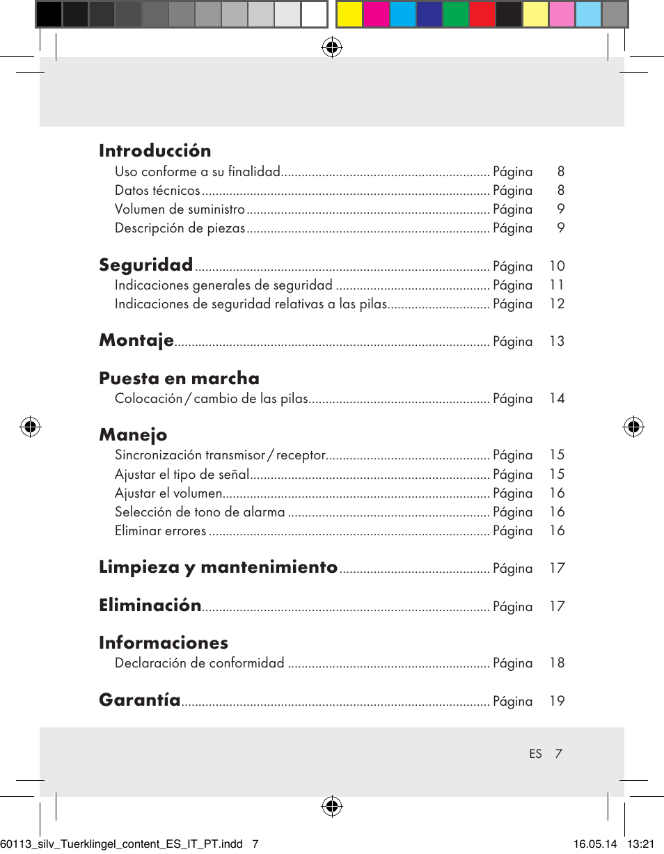 Introducción, Seguridad, Montaje | Puesta en marcha, Manejo, Limpieza y mantenimiento, Eliminación, Informaciones, Garantía | Silvercrest Z32155 User Manual | Page 7 / 76