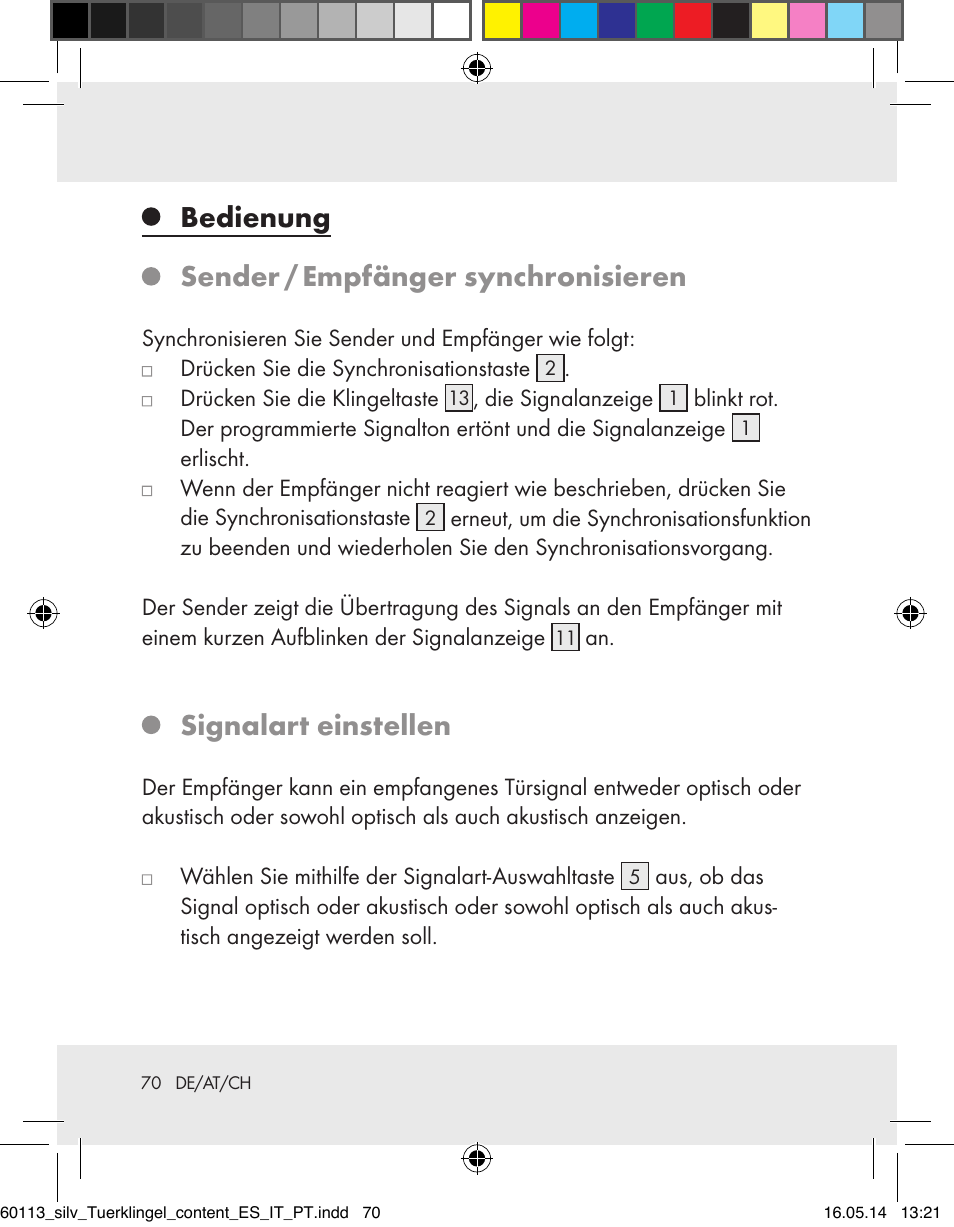 Bedienung, Sender / empfänger synchronisieren, Signalart einstellen | Silvercrest Z32155 User Manual | Page 70 / 76