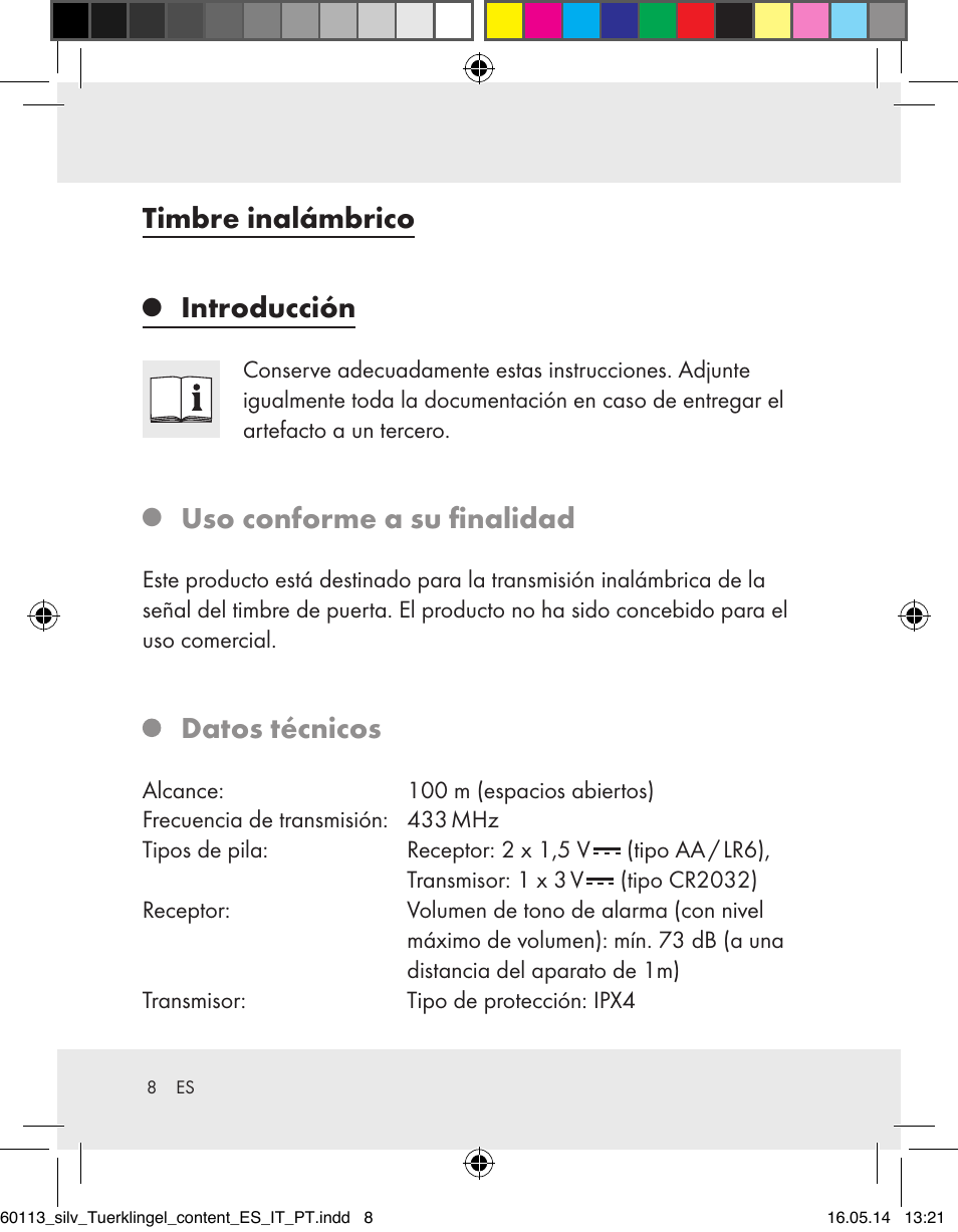 Timbre inalámbrico, Introducción, Uso conforme a su finalidad | Datos técnicos | Silvercrest Z32155 User Manual | Page 8 / 76