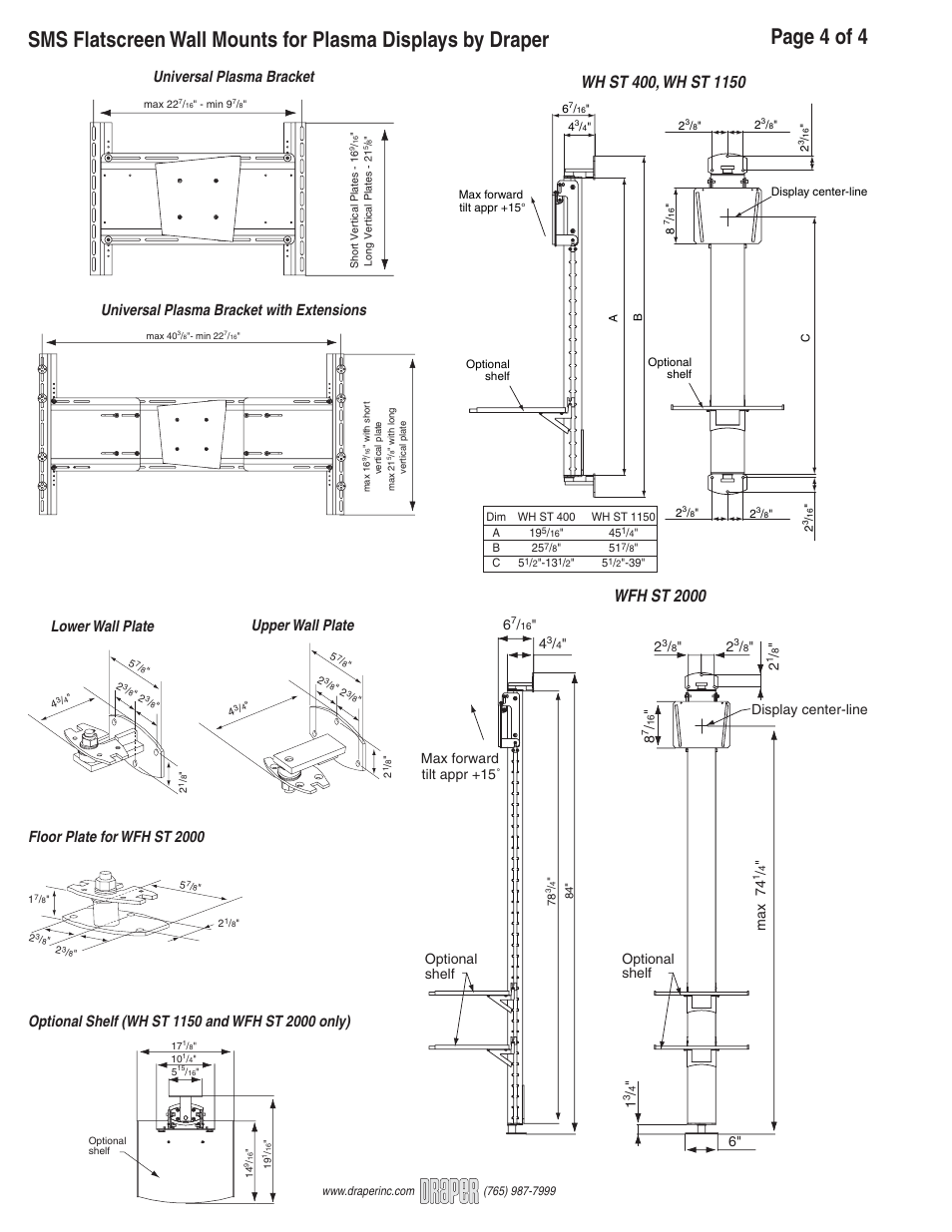 Universal plasma bracket, Universal plasma bracket with extensions, Max 74 | Display center-line, Max forward tilt appr +15˚ optional shelf, Optional shelf 6" 1 | Draper SMS WH 3D User Manual | Page 4 / 4