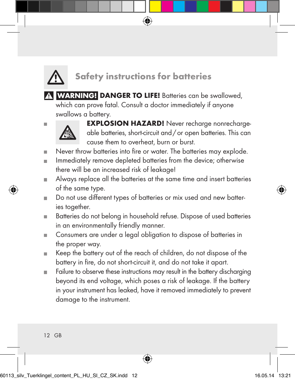 Safety instructions for batteries | Silvercrest Z32155 User Manual | Page 12 / 103