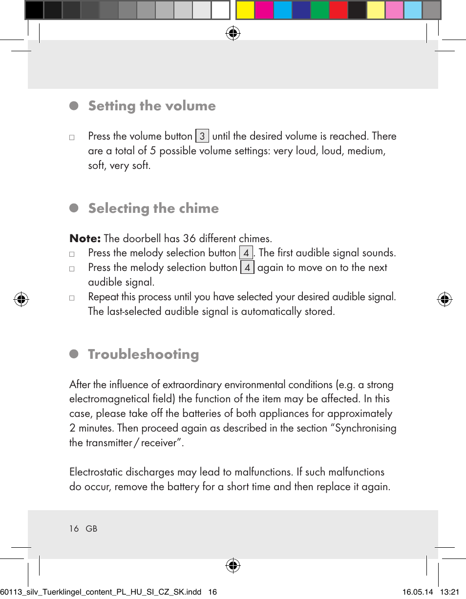 Setting the volume, Selecting the chime, Troubleshooting | Silvercrest Z32155 User Manual | Page 16 / 103