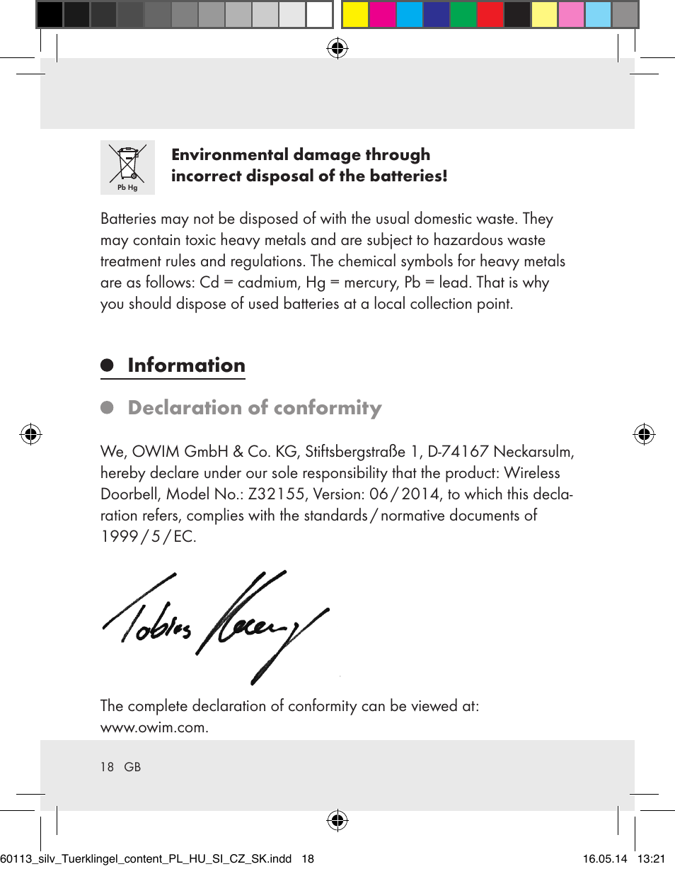 Information declaration of conformity | Silvercrest Z32155 User Manual | Page 18 / 103