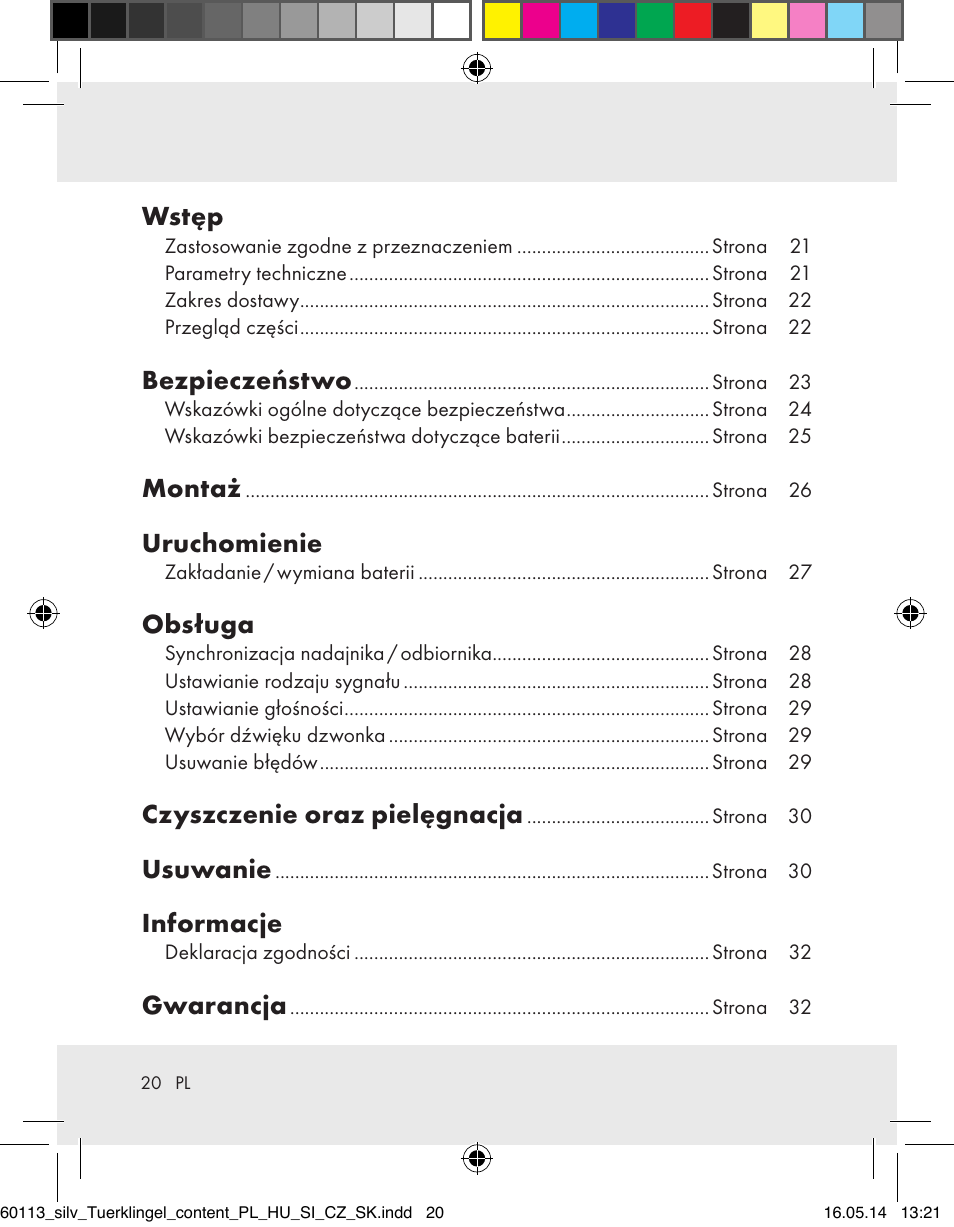 Wstęp, Bezpieczeństwo, Montaż | Uruchomienie, Obsługa, Czyszczenie oraz pielęgnacja, Usuwanie, Informacje, Gwarancja | Silvercrest Z32155 User Manual | Page 20 / 103