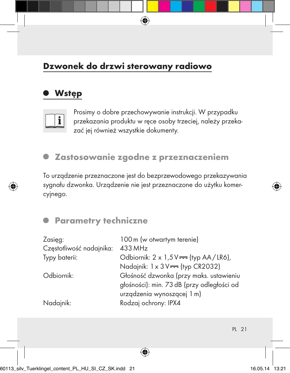 Dzwonek do drzwi sterowany radiowo, Wstęp, Zastosowanie zgodne z przeznaczeniem | Parametry techniczne | Silvercrest Z32155 User Manual | Page 21 / 103