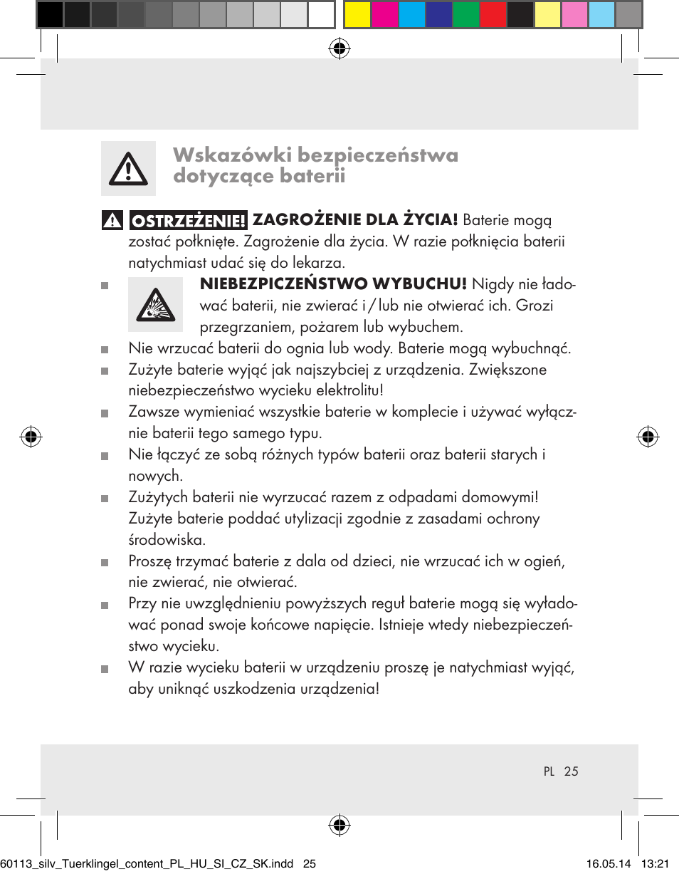 Wskazówki bezpieczeństwa dotyczące baterii | Silvercrest Z32155 User Manual | Page 25 / 103