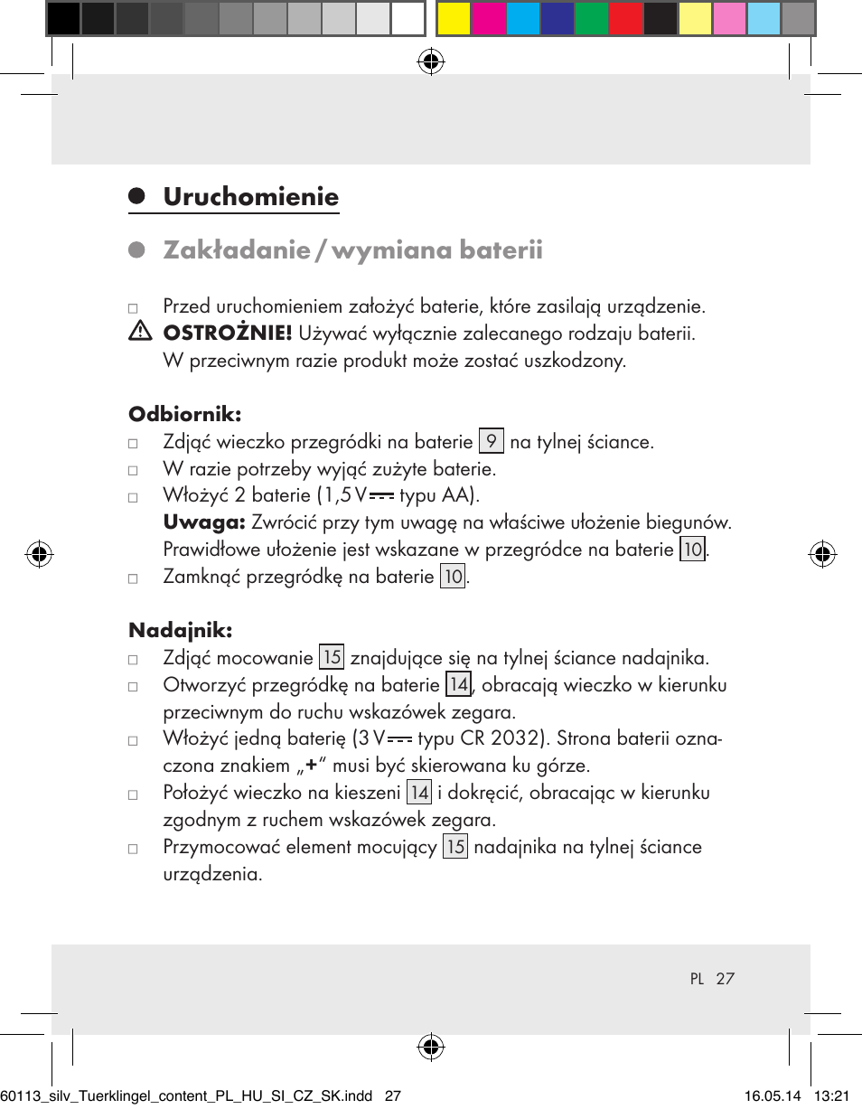 Uruchomienie zakładanie / wymiana baterii | Silvercrest Z32155 User Manual | Page 27 / 103