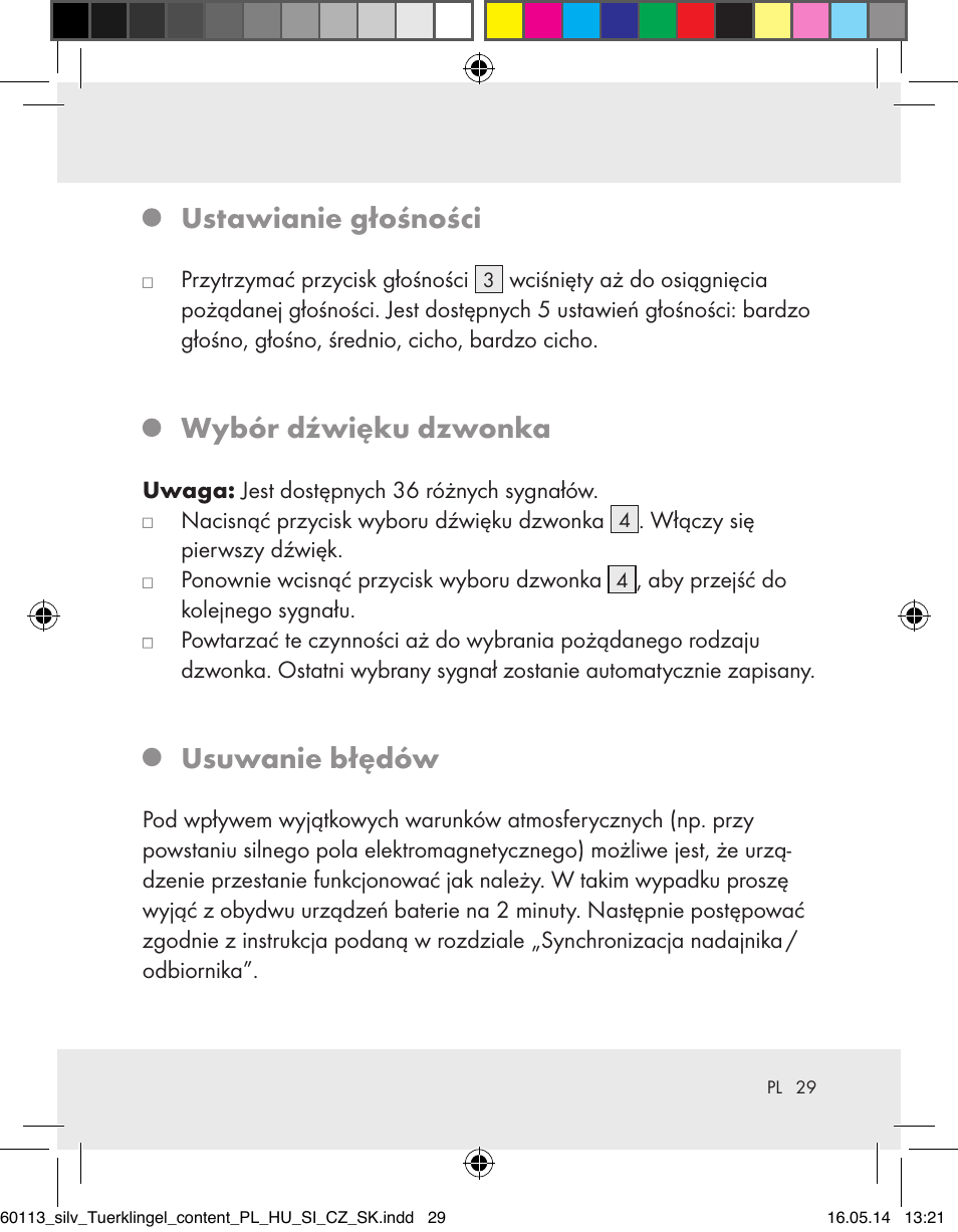 Ustawianie głośności, Wybór dźwięku dzwonka, Usuwanie błędów | Silvercrest Z32155 User Manual | Page 29 / 103