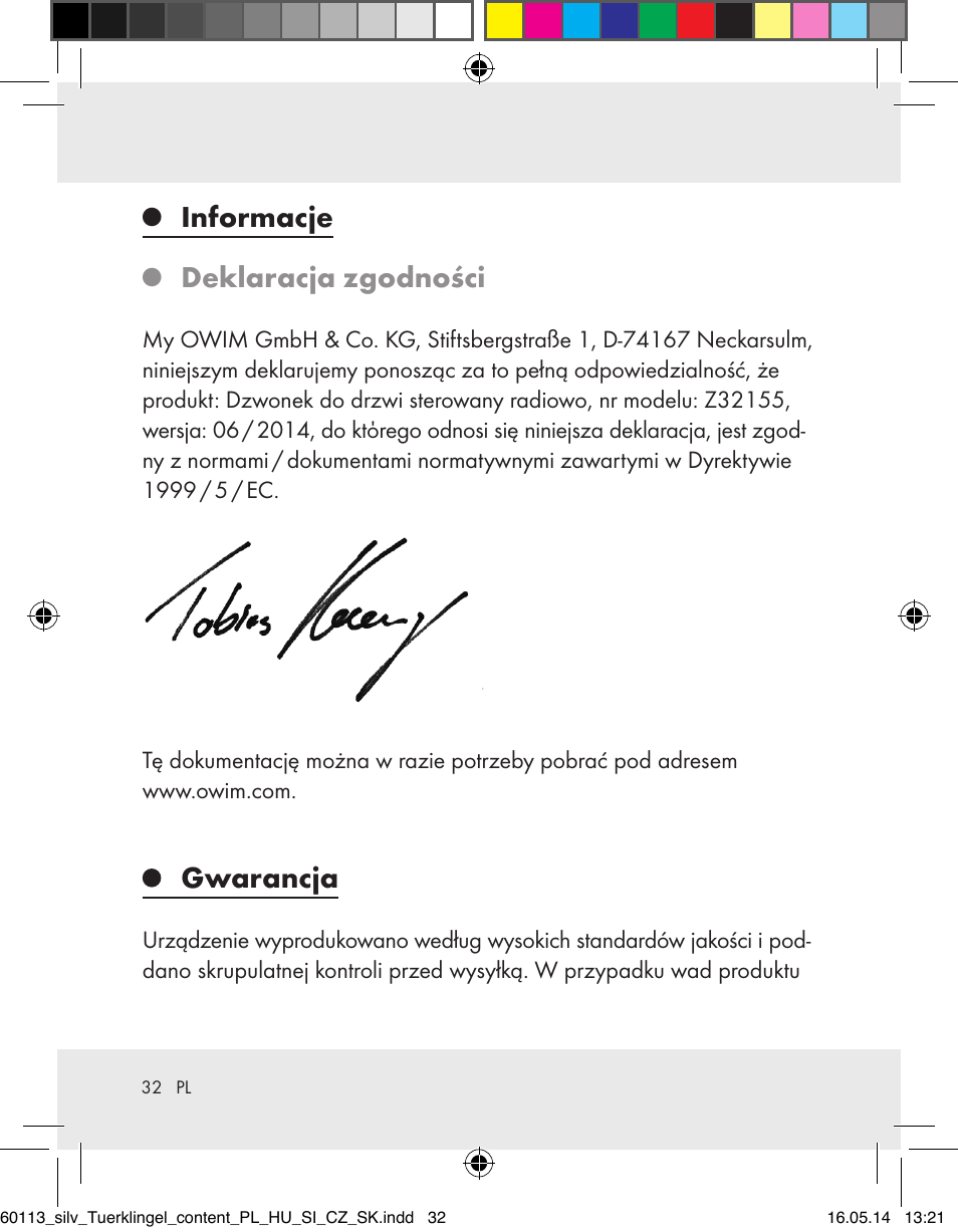 Informacje, Deklaracja zgodności, Gwarancja | Silvercrest Z32155 User Manual | Page 32 / 103