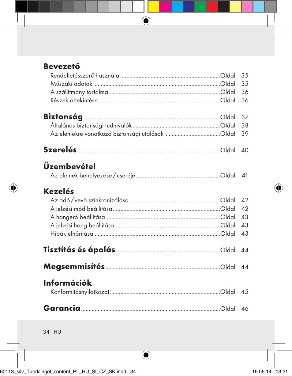 Bevezető, Biztonság, Szerelés | Üzembevétel, Kezelés, Tisztítás és ápolás, Megsemmisítés, Információk, Garancia | Silvercrest Z32155 User Manual | Page 34 / 103