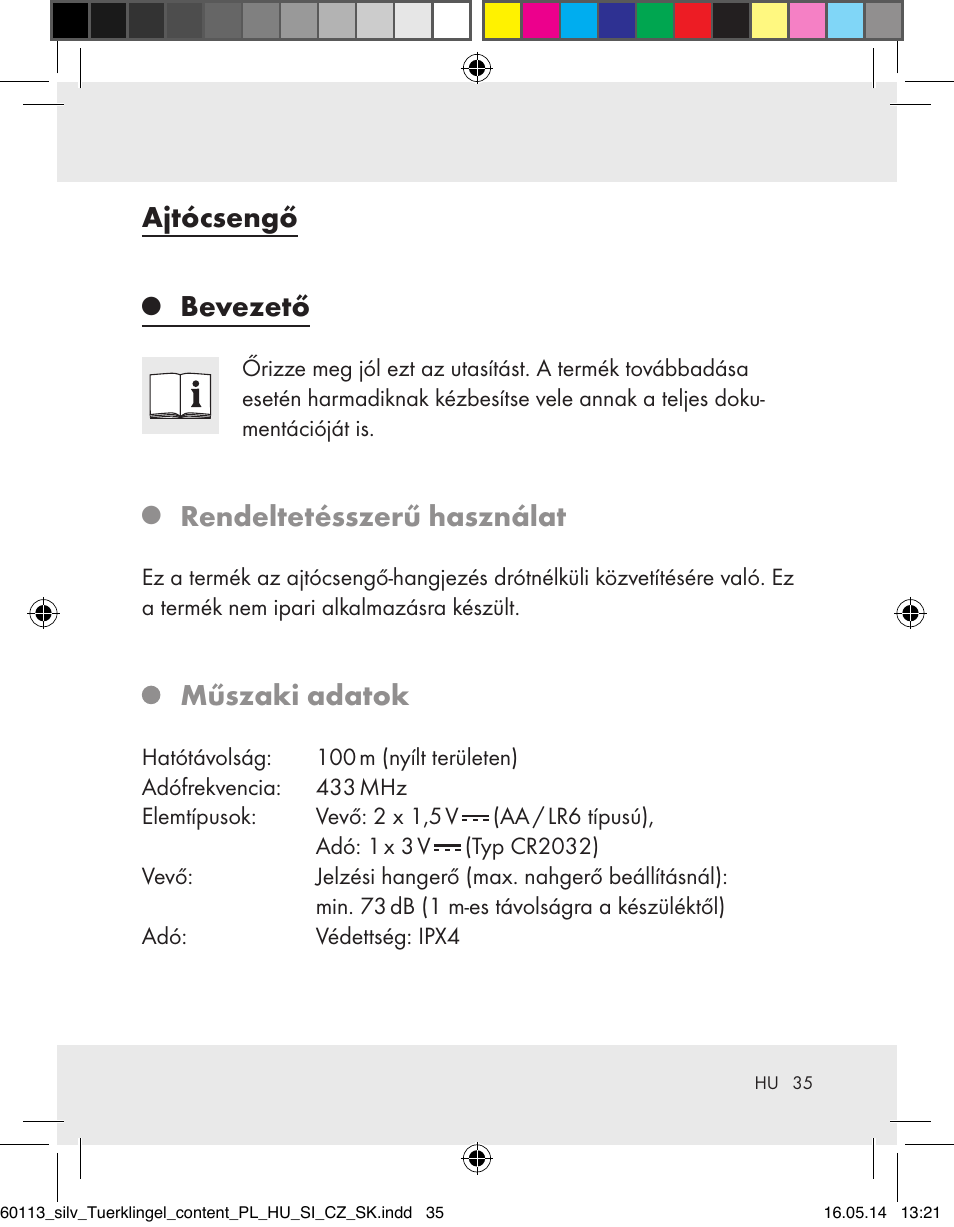 Ajtócsengő, Bevezető, Rendeltetésszerű használat | Műszaki adatok | Silvercrest Z32155 User Manual | Page 35 / 103