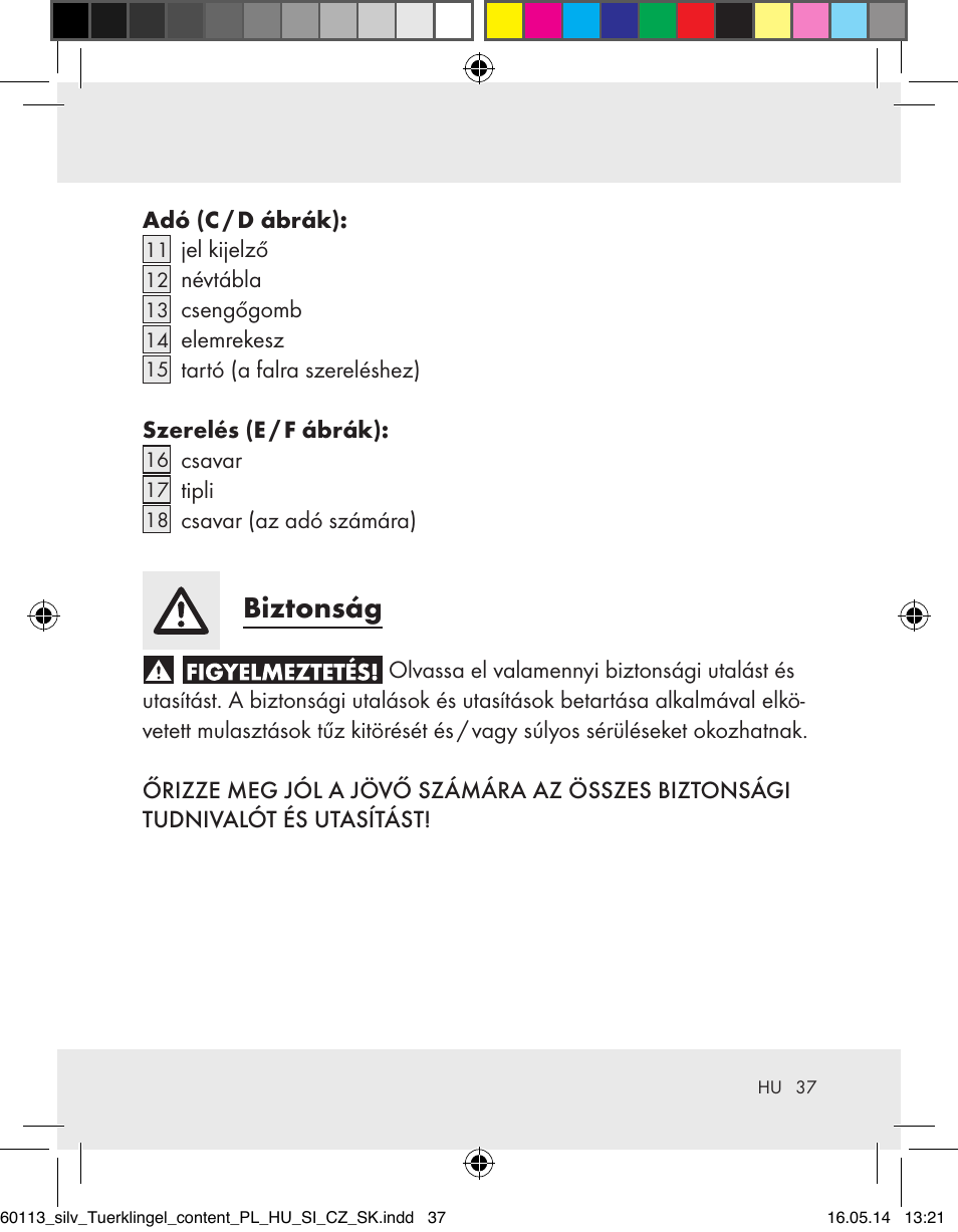 Biztonság | Silvercrest Z32155 User Manual | Page 37 / 103