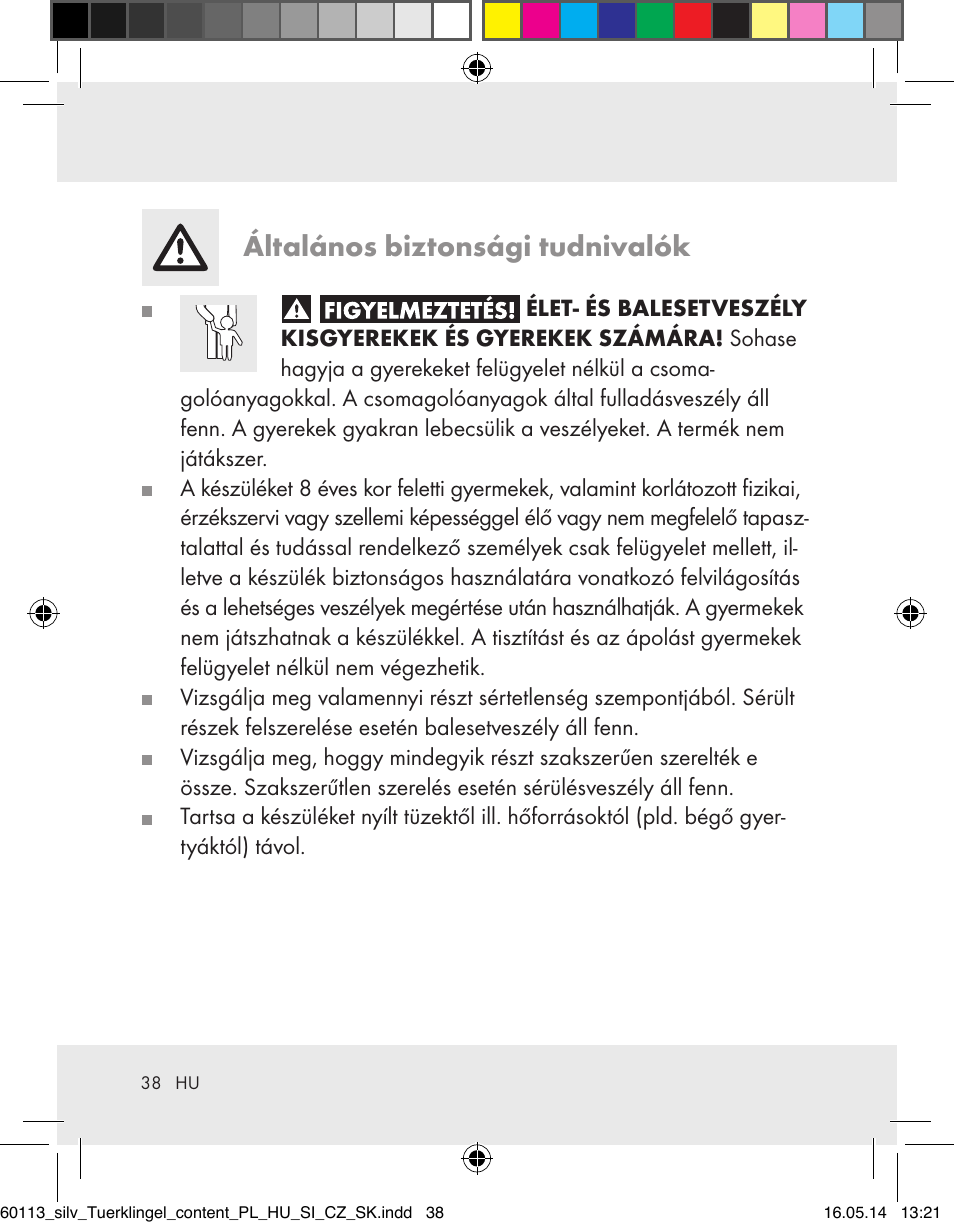 Általános biztonsági tudnivalók | Silvercrest Z32155 User Manual | Page 38 / 103